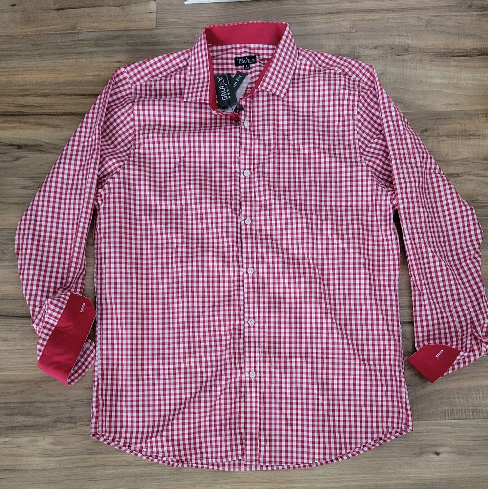 Galaxy red & white gingham slim-fit long sleeve button up shirt